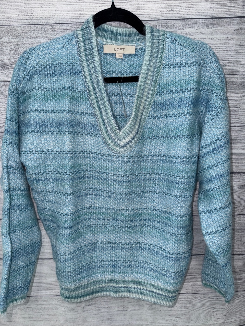 LOFT Seafoam & Sky Blue V-Neck Knit Sweater